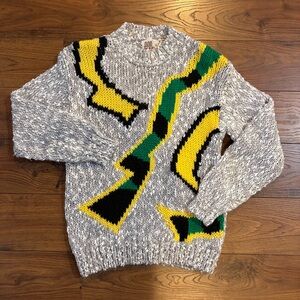 90s Vintage Sweater Womens Small Gray Lighting Bolt Y2K Yellow Green